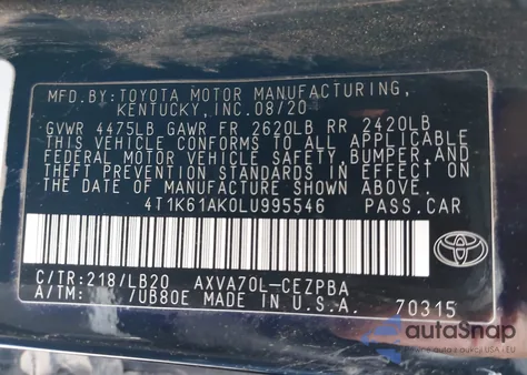 2020 Toyota Camry Xse z USA, uszkodzony, nr VIN 4T1K61AK0LU995546